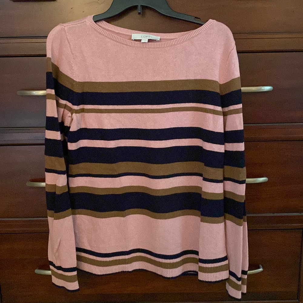 Loft pink, navy, and cocoa striped sweater